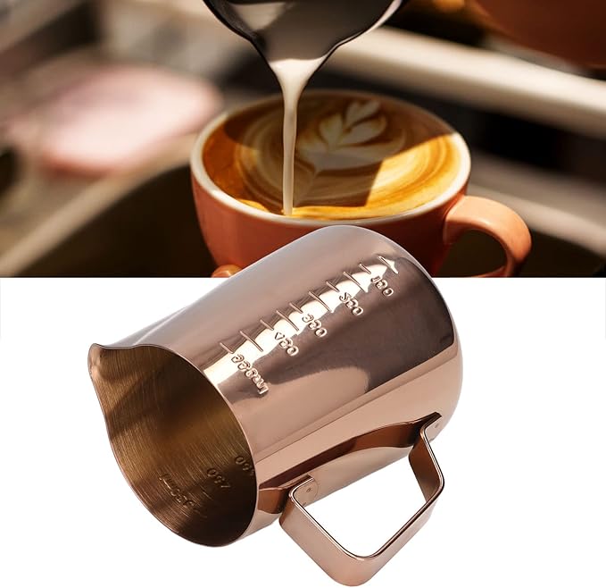 Frothing Cup, Coffee Milk Pitcher 550ML With Scale Rose Gold Stainless Steel Steaming Pitcher