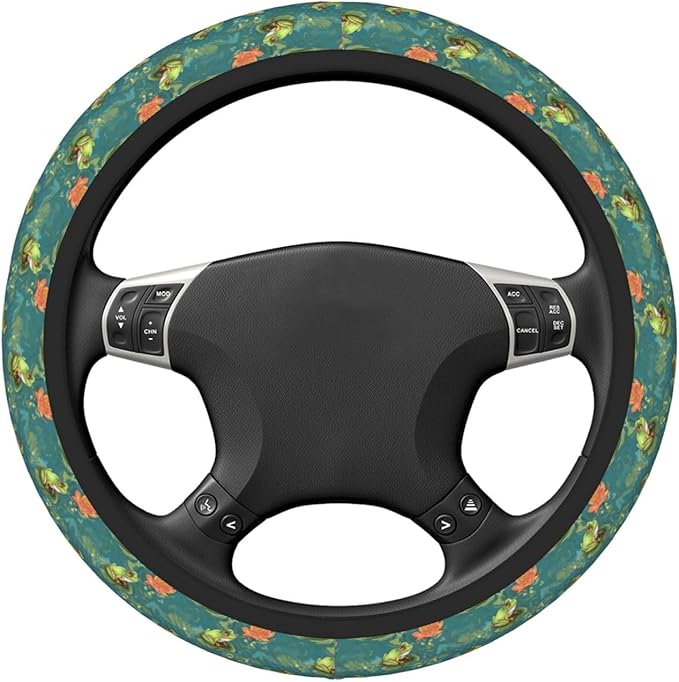 Frog On Lotus Leaf Steering Wheel Cover for Women Men Girls, Car Accessories Decor Thickened Anti-Slip Auto Steering Wheel Covers Protector Universal Fit 15 Inch for Cars, Truck, SUV
