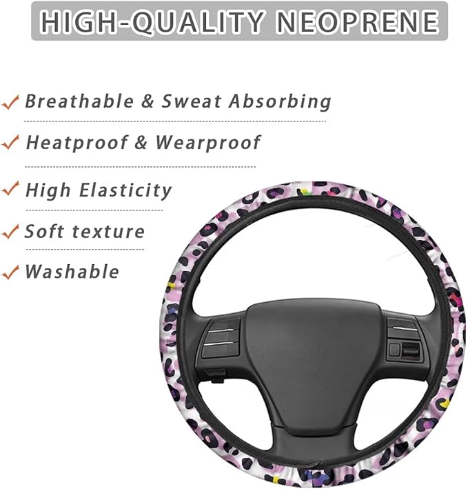 Universal Non-Slip Steering Wheel Cover, 15-inch Polyester Material Driving Accessories, Adjustable for Car and Truck(Vintage Lavender Colorful Leopard)