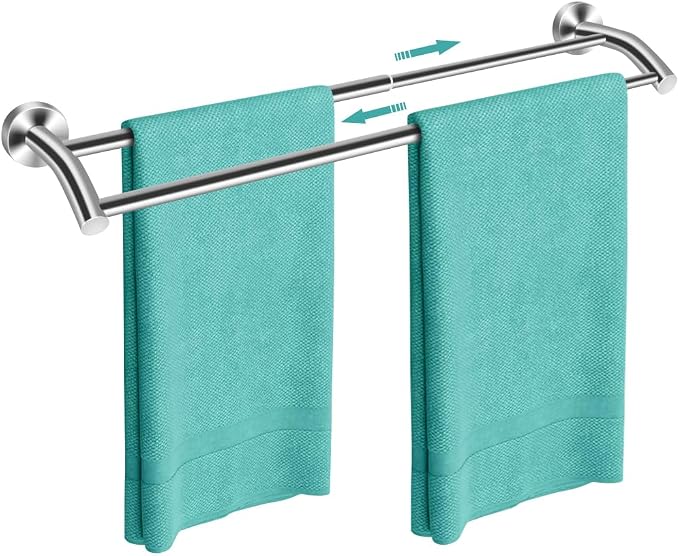 MGahyi Adjustable Double Towel Bar 14.5-24.8Inch, Matte Telescopic Stainless Steel Wall Mount Towel Holder, Rustproof Towel Rack for Bathroom Kitchen RV Laundry Hotel (Silver, Double-Bar)