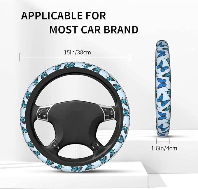 Blue Butterfly Steering Wheel Cover for Women Men with 2 Pcs Car Coasters, Universal 14.5-15 Inch Rainbow Steering Wheel Covers Non-Slip Car Accessories for Girls