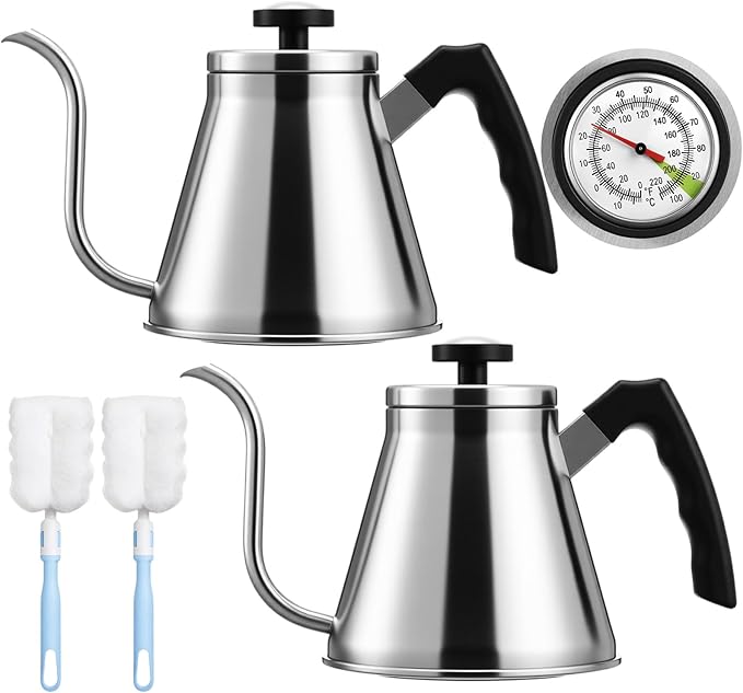 2 Pack 40 oz Gooseneck Kettle with Thermometer Stainless Steel Pour over Coffee Kettle Precision Drip Spout for Stovetop Home Kitchen Camping(Silver)