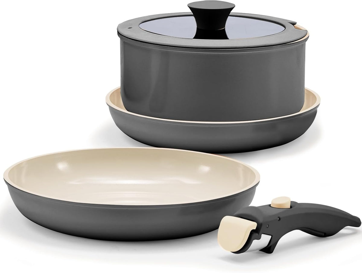 Gray Non Stick Pot and Pan Set with Removable Handle, Ceramic Cookware Set Detachable Handle, 5pcs Induction Kitchen Camping Stackable Pots Pans, Dishwasher/Oven Safe, PTFE/PFAS/PFOA Free