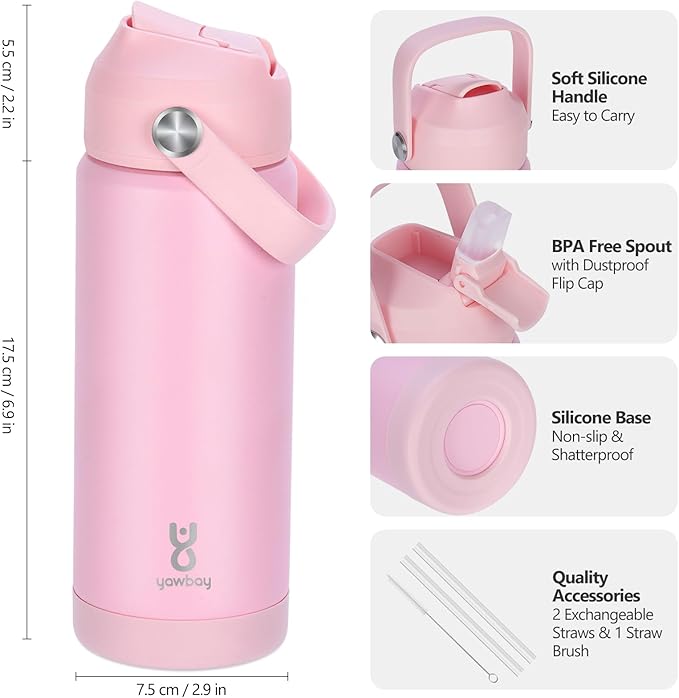 18oz Kids Insulated Water Bottle with Straw Lid & Silicone Handle,Kids Leak Proof Water Bottle for School Boys Girls,Double Wall Vacuum Stainless Steel with Non-slip Silicone Base(LightPink)