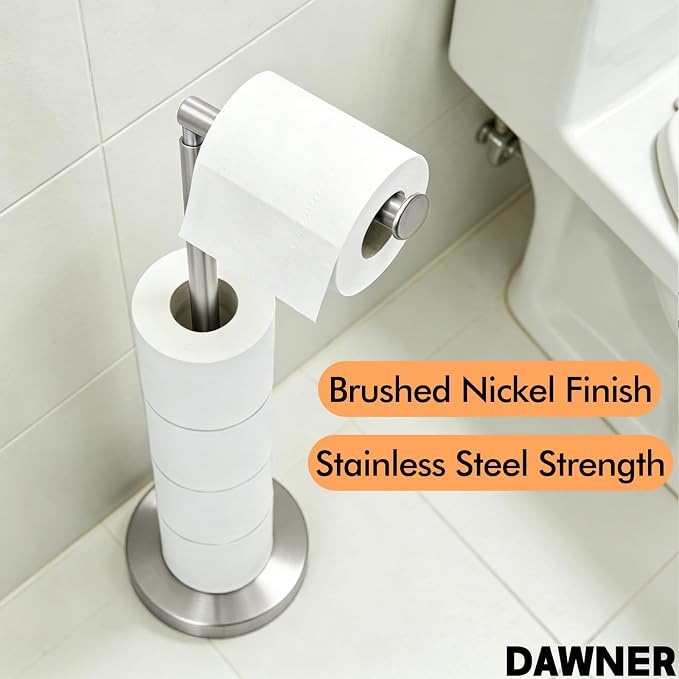 DAWNER 26" Heavy Duty Toilet Paper Holder Stand, Free Standing Toilet Paper Holder, Brushed Nickel Bathroom Toilet Paper Roll Holder, Stainless Steel Tissue Holder for Bathroom, Anti-Tipping Base