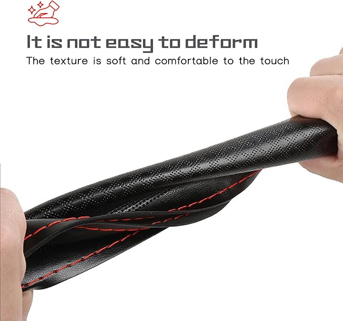 Comfortable Leather Steering Wheel Cover, Non Slip and Breathable, Suitable for 15 Inch Steering Wheel (Red Stripe