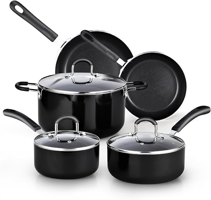 Cook N Home 8-Piece Nonstick Pot and Pan Set with Lid Induction Compatible | Cookware Set Includes Saucepan with Lid, Stockpot with Lid, Frying Pan, Kitchenware set Non Stick, Black
