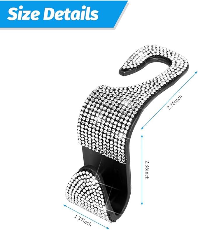4PCS Bling Car Seat Headrest Hooks, Vehicle Back Seat Purse Handbag Hanging Holder with Crystal Rhinestone, Diamond Storage Organizer Hook, Universal Automotive Accessories (Black/White)