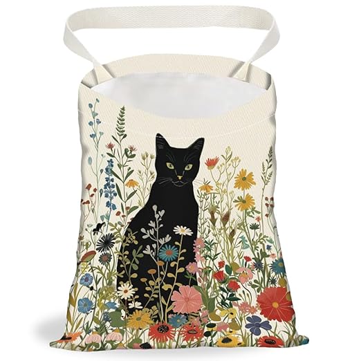 Black Cat Wildflower Print Car Trash Bag Portable Hanging Garbage Bag with Snap Buttons Back Seat Rubbish Storage Dustbin for Women Man Car Interior Accessories Kitchen Home Travel