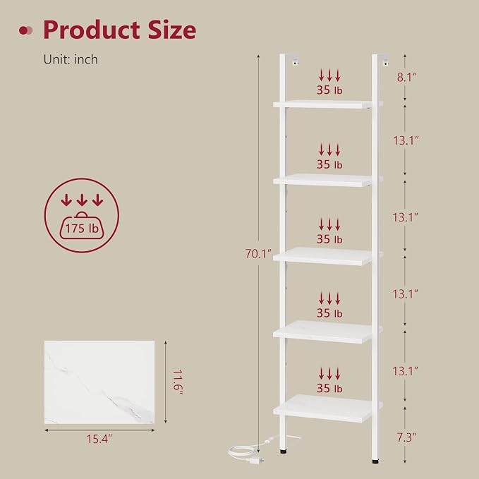 Tajsoon 5 Tier Ladder Bookshelf with Light, Wall Mounted Book Shelf, Wooden Wall Mounted Ladder Bookshelf with Metal Frame, Industrial Ladder Shelf for Office, Living Room, Bedroom, White