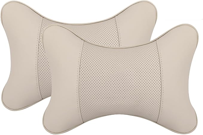 Car Pillow for Car Neck Pillow for Driving Seat Leather Neck Support Soft Cushion Back Support Head-Rests for Vehicle Sleeping with Elastic Adjustment Strap 2PCS (Neck, Beige)