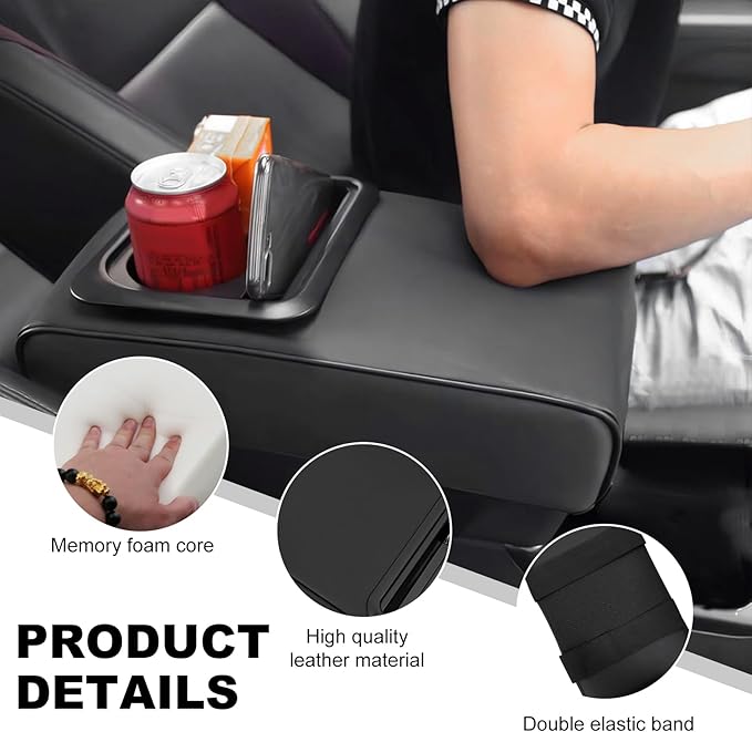 Car Center Console Armrest Pillow, 14.0"×8.3" Soft Memory Foam Armrest Cushion with Cup Holder Storage Bag, Waterproof Leather Vehicle Arm Rest Booster Pad for Most Cars (Glossy)