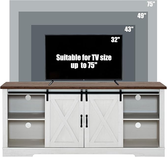 AMERLIFE 4-Piece Farmhouse Table Set Includes Sliding Barn Door TV Stand, Coffee Table& Two End Tables, Side Table with Charging Station and USB Ports for Living Room, Distressed White, 66"
