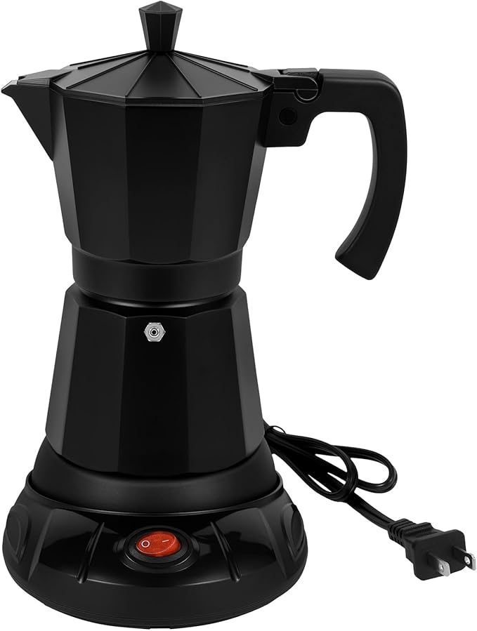 Black Aluminum Electric Moka Pot, 3 or 6 Cups Espresso Maker with Dose Reduction Plate