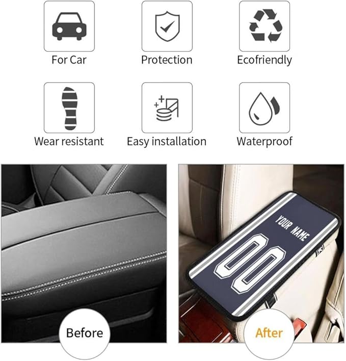 Custom Car Armrest Cover,Add Personalized Name and Number As Gifts for Loyal Football Fans,American Football Auto Center Console Pad Car handrail Box Cushion,Fit for Most Car Seat Box Cover Protector