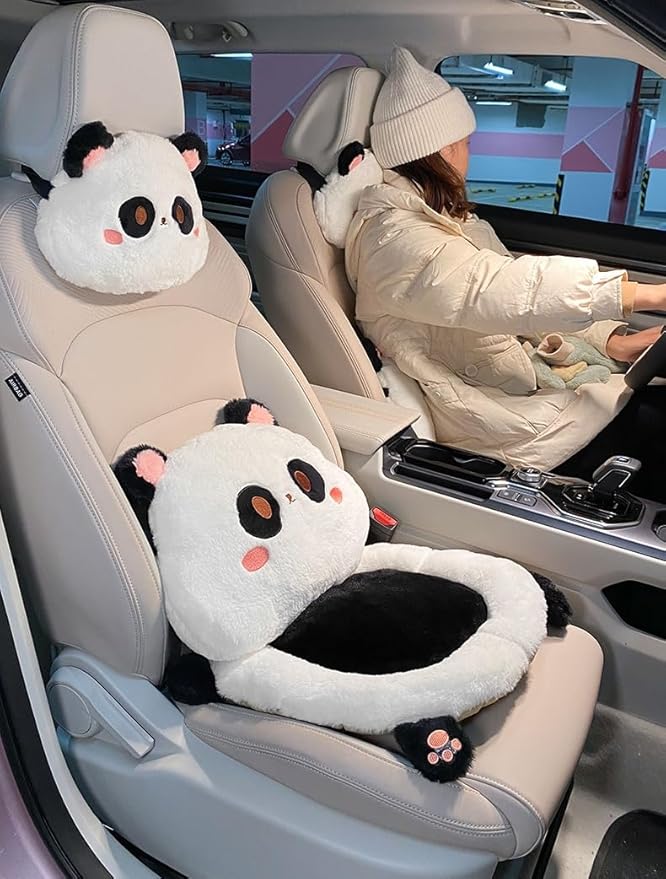 Cartoon Car Seat Cushion Lumbar Support Pillow and Neck Pillow, Cute Car Seat Pillow Headrest Pillow Back Support for Driving Fatigue Relief,for Office Chair Truck SUV (Panda Lumbar)