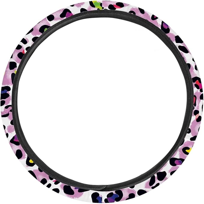 Universal Non-Slip Steering Wheel Cover, 15-inch Polyester Material Driving Accessories, Adjustable for Car and Truck(Vintage Lavender Colorful Leopard)