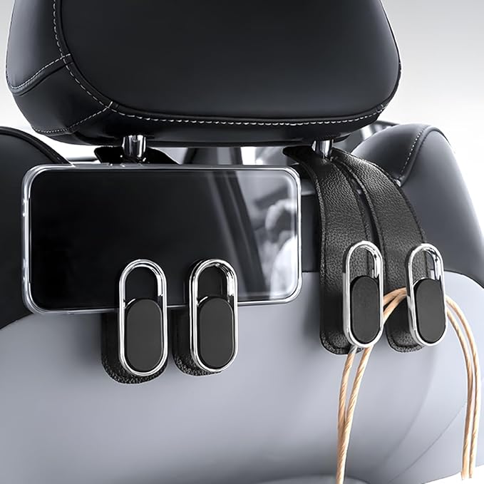Car Seat Headrest Double Hook, 2PCS Multifunctional Soft Leather Vehicle Purses & Bags Holder, Hidden Design Automotive Interior Storage Hanger, Universal for SUV, Truck, RV (Black)