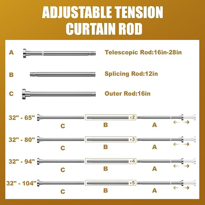 Ausemku Shower Curtain Rod Tension, 32-94 Inch Adjustable Heavy Duty Spring Tension Curtain Rod, No Drill Stainless Steel Telescoping Rod for Bathroom, No Rust, Silver
