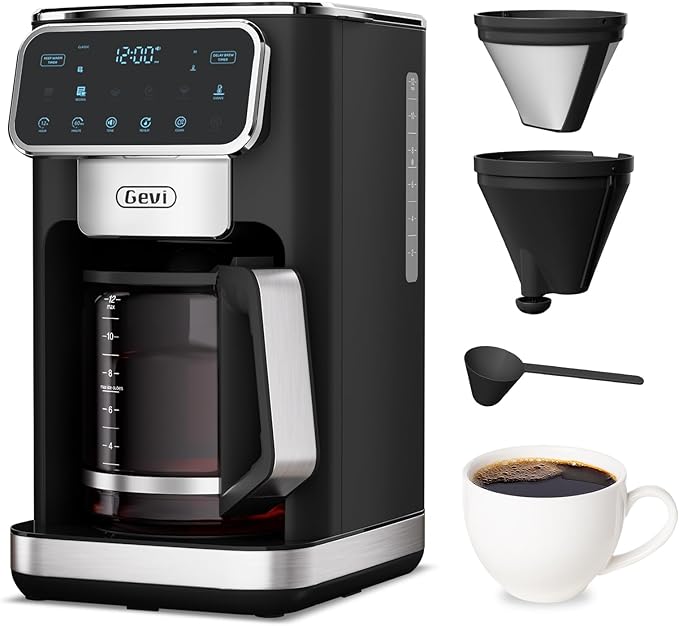 Gevi 12-Cup Programmable Coffee Maker with Touchscreen, Strong Brew & Iced Coffee Options, Auto Shut-Off, 4-Hour Keep Warm, Glass Carafe, Anti-Drip System, Permanent Filter Included