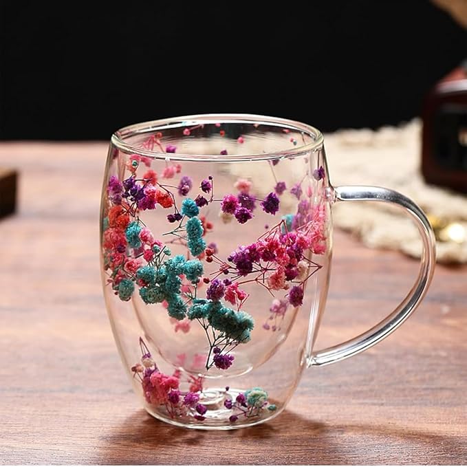 Leilanis Double Wall Glass Coffee Mug, Floral Design, Transparent Cup with Autumn Flowers (style 5)