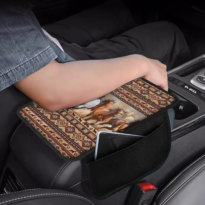 Boatee Horse Arm Rest Cover for Auto Center Console Cover Armrest Mat for Car Console Cushion Auto Arm Rest Box Pad Vehicle Console Organizer Interior Protector Armrest Cushion Western Aztec Brown