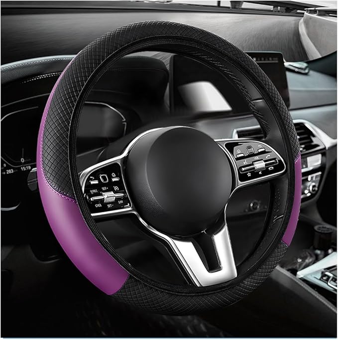 Car Steering Wheel Cover, 15 Inch Carbon Fiber Elastic Vehicle Steering Wheel Protector, Breathable Leather Auto Wheel Covers for Women Men, Interior Car Accessories (Black & Purple, AD)