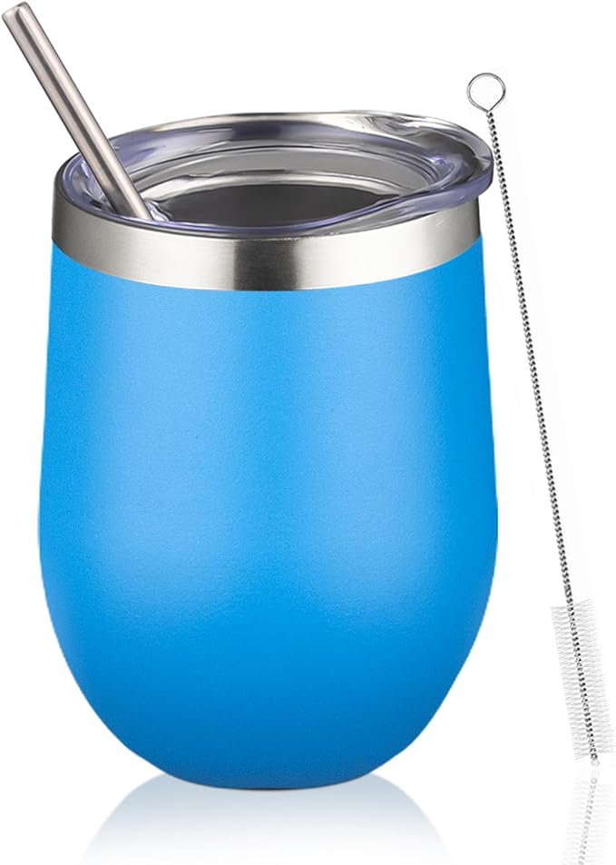 12oz Wine Tumbler with lid, Stainless Steel Travel Mugs Stemless Double Wall Insulated Coffee Cup, Insulated Wine Glasses Travel Tumbler for Cold & Hot Drinks(Blue, 1)