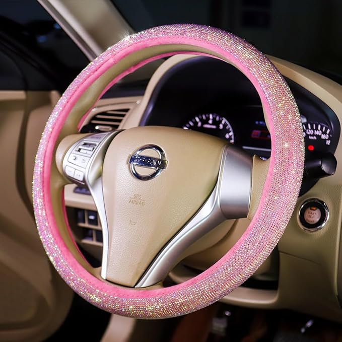 Car Steering Wheel Cover Pink for Women Girls Cute Bling Accessories 15 Inch Universal Colorful Crystal Rhinestone Diamond Rainbow Anti-Slip Wheel Protector