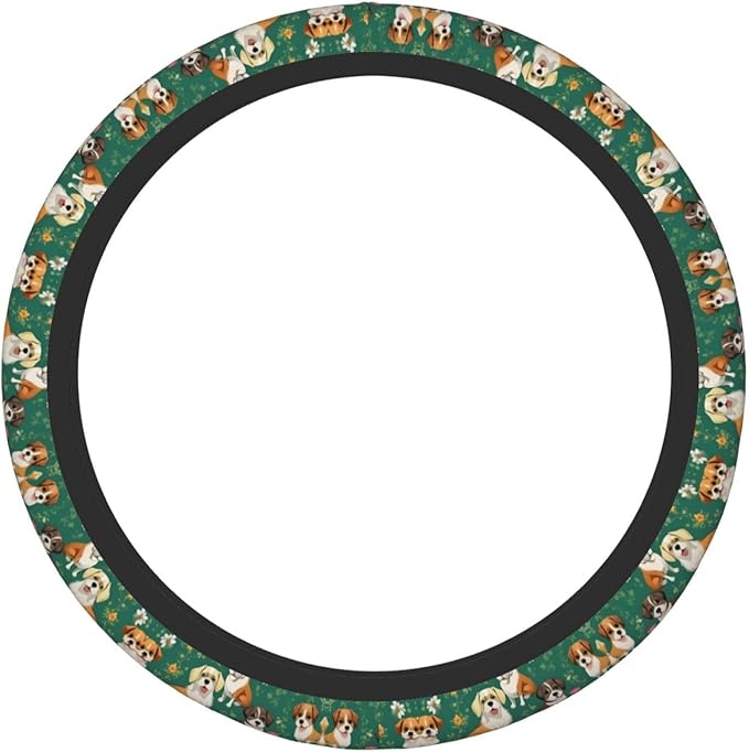 Dogs Flower Pattern Car Steering Wheel Cover, 15 Inch Steering Wheel Cover Stylish Decor for Most Cars