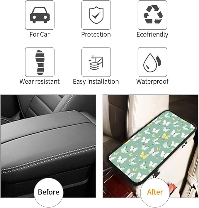 Butterflies Car Center Console Armrest Cover Sage Green Butterfly Polyester Fabric Armrest Lid Cushion Pad, Anti-Scratch Car Center Seat Box Covers Protector