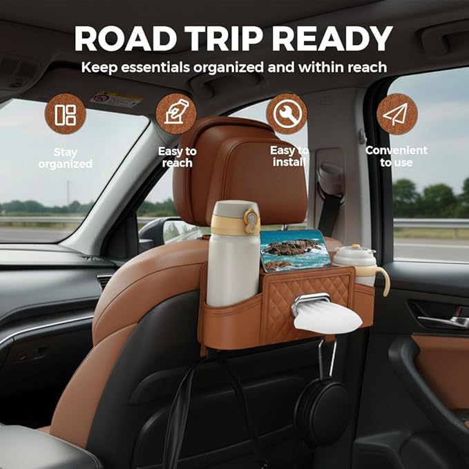 3-in-1 Car Backseat Organizer with Cup Holder Tissue Box and Hooks, Multifunctional Car Seat Back Storage Box, Car Organizers and Storage Box for Travel SUV Sedan Truck Car Accessories (Black)
