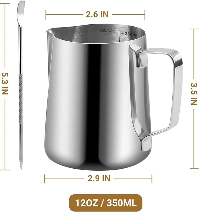Milk Frothing Pitcher, 350ml (12oz) Milk Frother Cup Stainless Steel Jug Steaming Pitcher, Milk Coffee Cappuccino Latte Art Barista Steam Pitchers Milk Jug Cup with 2Pcs Decorating Pen