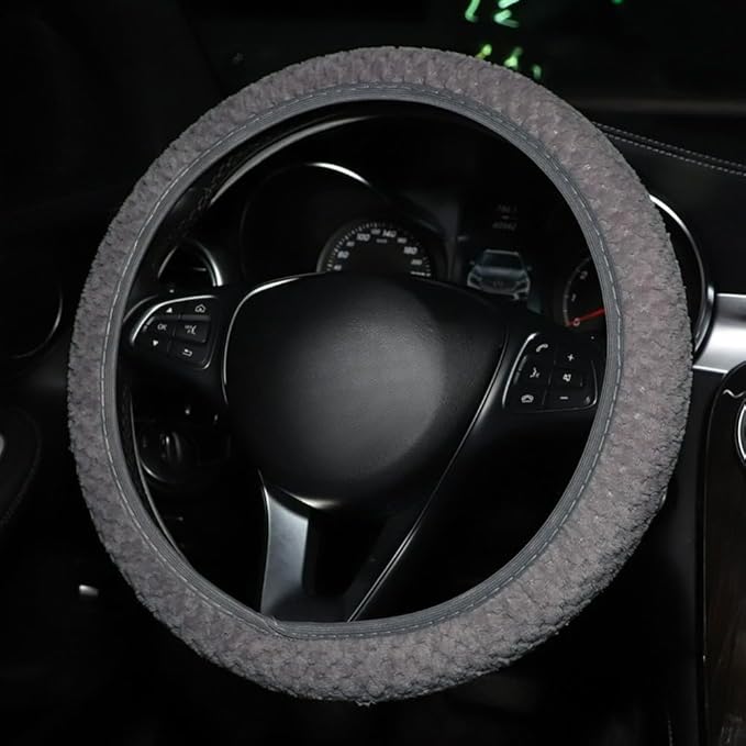 15 Inch Soft Dot Plush Steering Wheel Cover Anti-Slip Comfortable Winter Grip Universal Fit for Most Car Truck Vehicle SUV (Gray)