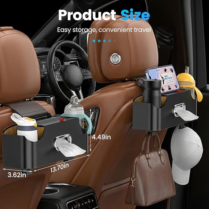 Car Backseat Organizer 3-in-1 Multifunctional Car Back Seat Storage Box with Drink Cup Holder Tissue Box Trash Bin & Hooks, Back Seat Car Organizer for Hold Phones,Drinks, and Handbags (White)