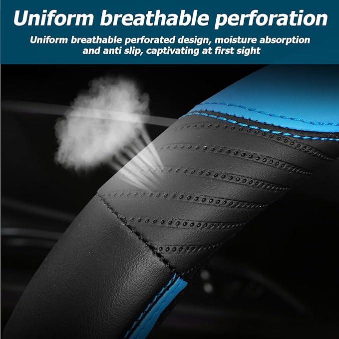 AUCELI Car Steering Wheel Cover, 14 1/2"-15" Leather Non-Slip Breathable Elastic Automotive Steering Wheel Protector, Sporty Car Accessories for Women Men, Universal for SUV, Truck, RV