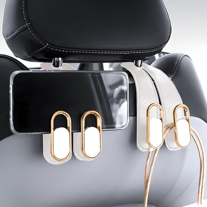 Car Seat Headrest Double Hook, 2PCS Multifunctional Soft Leather Vehicle Purses & Bags Holder, Hidden Design Automotive Interior Storage Hanger, Universal for SUV, Truck, RV (Beige)