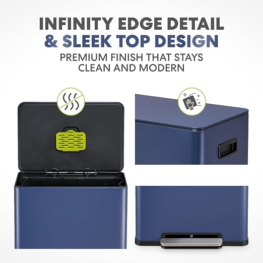 Simpli-Magic Infinity Edge 60 Liter / 16 Gallon Rectangular Hands-Free Extra Large Kitchen Step Trash Can, Soft-Close Single Lid Recycling Bin, Stainless Steel, Blue, 79683