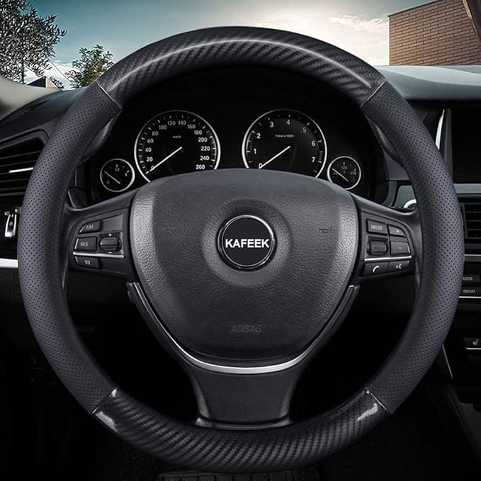 KAFEEK 16 inch Classic Carbon Fiber Steering Wheel Cover Compatible with F150 F250 F350 Ram 4Runner Tacoma Tundra Range Rover, Breathable Microfiber Leather, Black