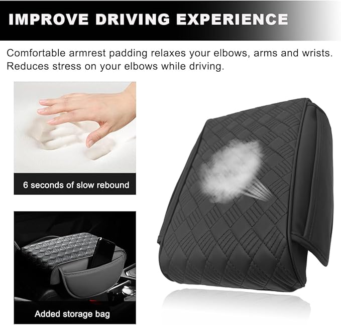 Car Center Console Cover, 12.6"×8.7" Waterproof Leather Auto Armrest Box Protector Elbow Pillow with Storage Pocket, Comfortable Memory Foam Arm Rest Box Cushion Pad, Car Accessories (Black)