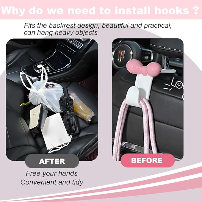 BELOMI 4PCS Car Seat Headrest Hooks, Cute Bow Vehicle Back Seat Hanger for Purses Bag, Auto Interior Backseat Storage Hanging Organizer Accessories, Universal for SUV Sedan Truck (White)