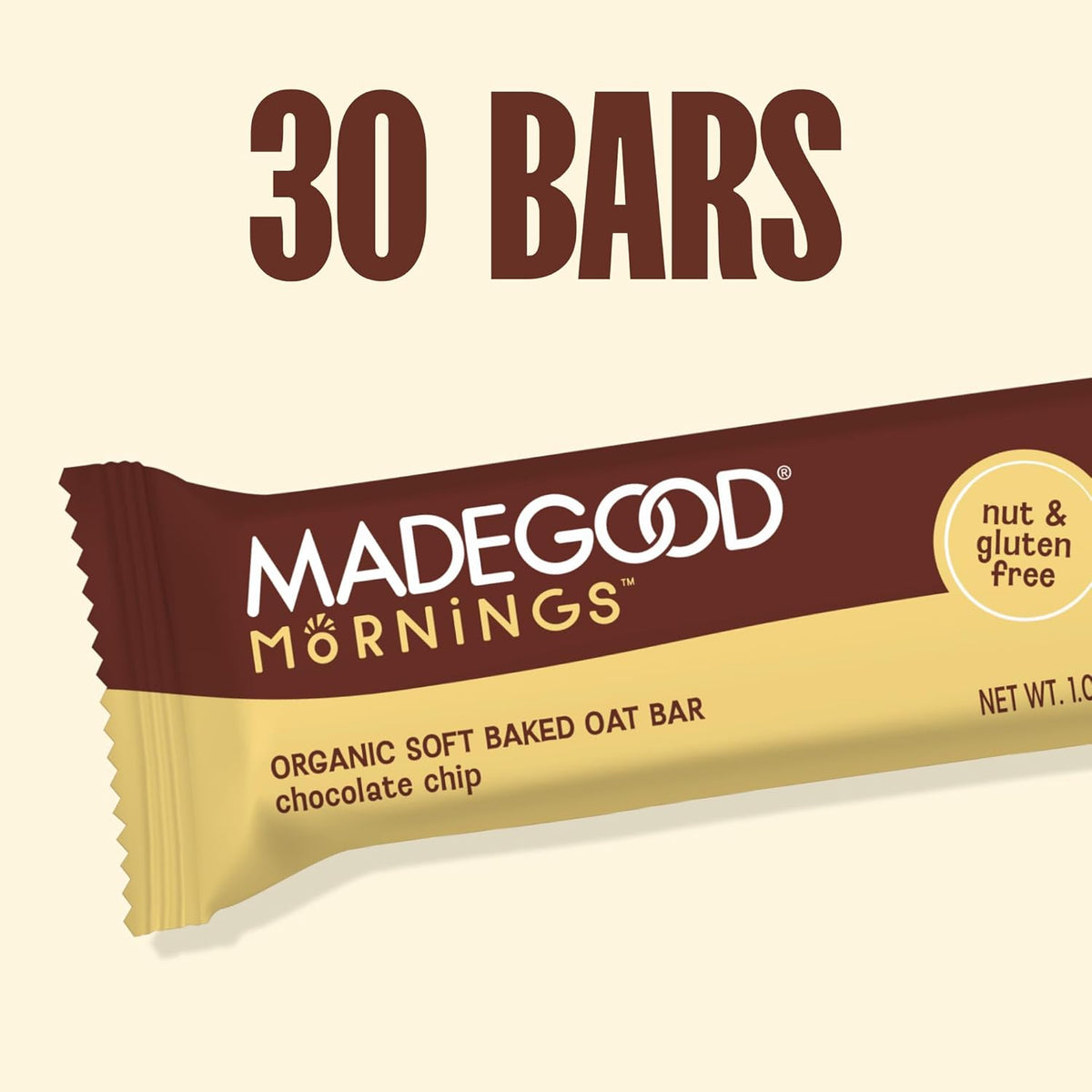MadeGood Mornings Soft Baked Breakfast Bars, Chocolate Chip, 1.06 Oz (30 Count) Gluten Free Snacks