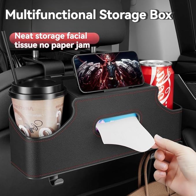 3-in-1 Car Backseat Organizer, Multifunctional Car Seat Back Storage Box, Car Storage Organizer with Cup Holders Tissue Box for Travel, Road Trip (Beige)