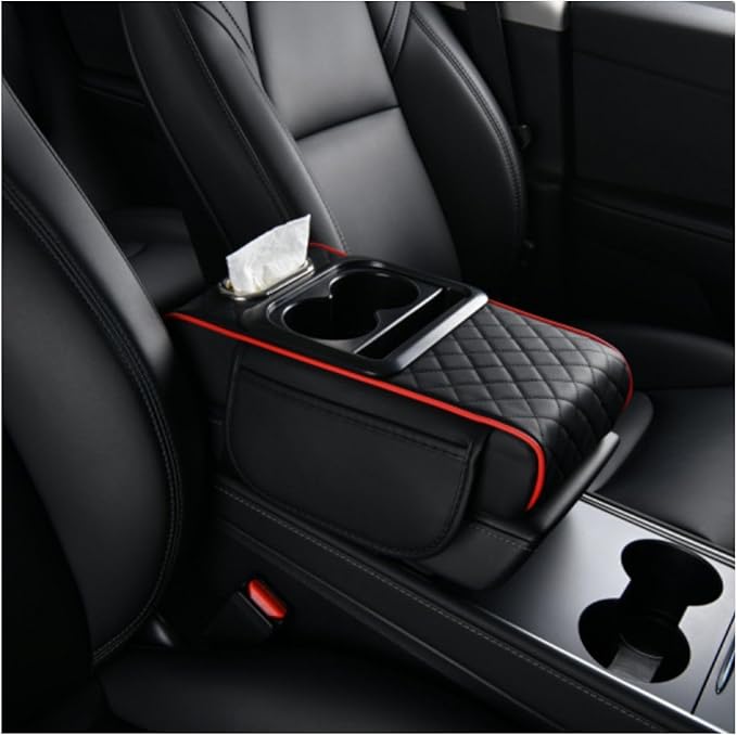 Car Armrest Storage Box for Ford Transit Connect 2011–2012, Center Console Organizer with Side Pocket, Ergonomic Memory Foam Armrest Cushion, Car Elbow Support Pad,B Black Red