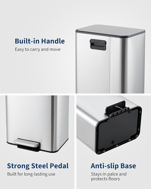 3.4 Gallon/13 Liter Trash Can, Stainless Steel Step Garbage Can with Quiet Soft-Close Lid, Foot Pedal & Removable Inner Bucket, Rectangular Trash Bin for Bathroom Home Office, Silver