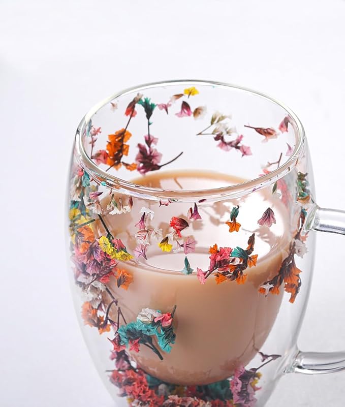 Double Glass Flower Tea Cup, Aesthetic Preserved Flower Cup, Cute Insulated Tea Cup with Handle, Heat Resistant & Lead-free Coffee Mugs, Gifts for Birthday Mother's Day, Perfect for Women Wife Mom (D)