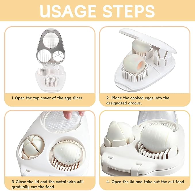 3 in 1 Boiled Egg Slicer, Manual Egg Cutter with 3 Slice Modes, Stainless Steel Kitchen Gadget for Hard Boiled Eggs, Butter, Strawberry, Tomato, Cheese, Easy to Clean & Store (COLOR:White)
