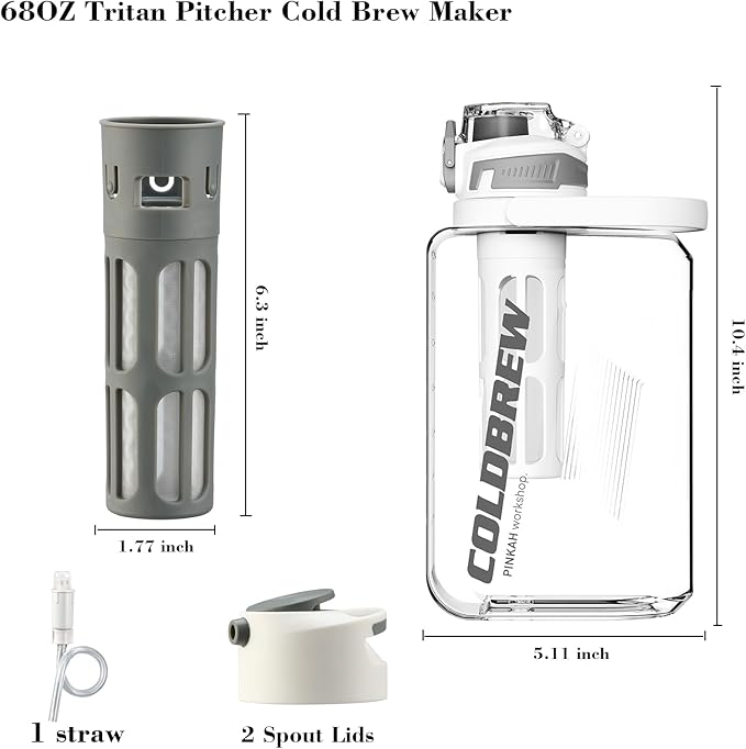Itslife Cold Brew Coffee Maker, 68oz Iced Coffee Tritan Pitcher with Filter, 2 Pour Spout Lids For Airtight & Leak-Proof Coffee Barrel(Black)