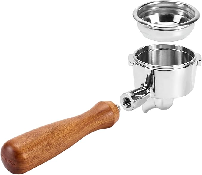 DIBTSA 58mm Portafilter Compatible with Gaggia, Single Spout 2 Ears, with 304 Stainless Steel Reusable Filter Basket and Wood Handle, Espresso Machine Parts