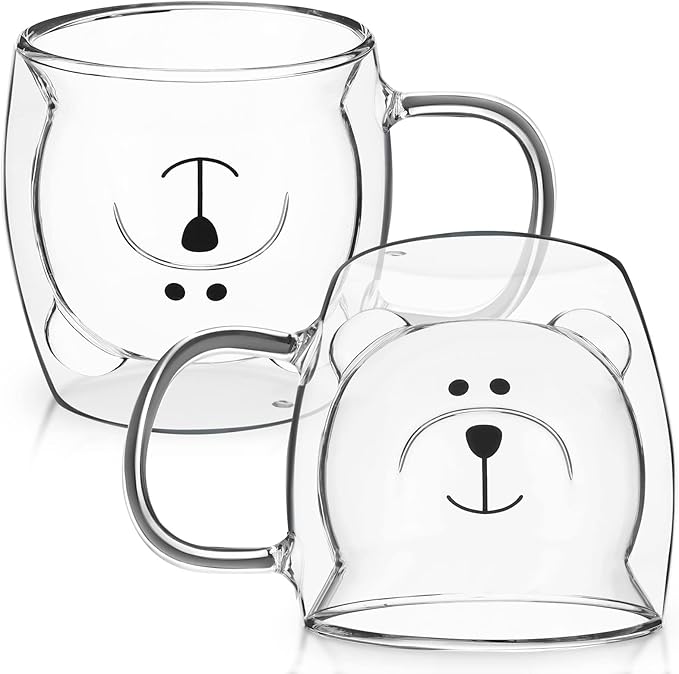 Patelai Cute Bear Tea Cup Double Wall Glass Milk Coffee Bear Mug with Handle Insulated Espresso Christmas Beer Cup Cute Birthday Gift for Women Men Valentine, 250 Ml/ 8. 4 oz(White,2 Pieces)